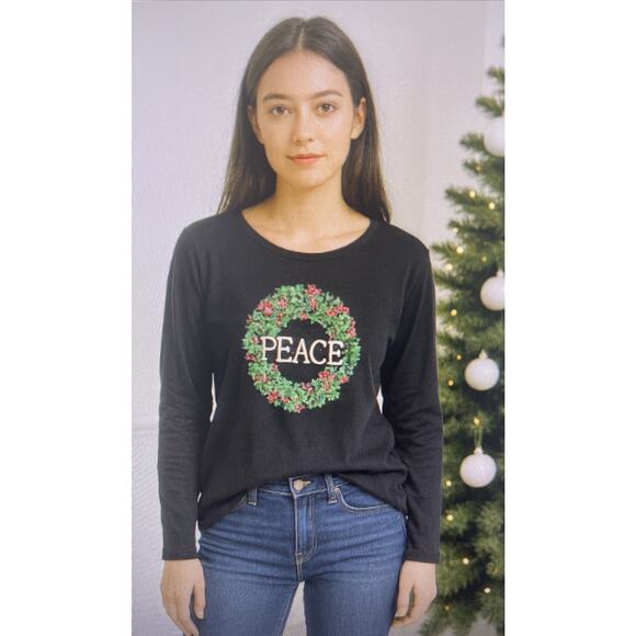Peace Christmas Wreath Croft Barrow glitter 2X Black Long Sleeve T Shirt XXL - Picture 1 of 8